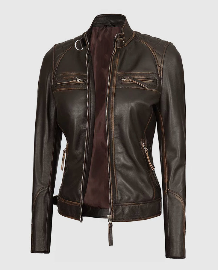 Women's Rub Off Dark Brown Quilted Leather Cafe Racer Jacket