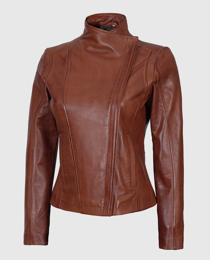 Women's Arezzo Cognac Cafe Racer Leather Jacket