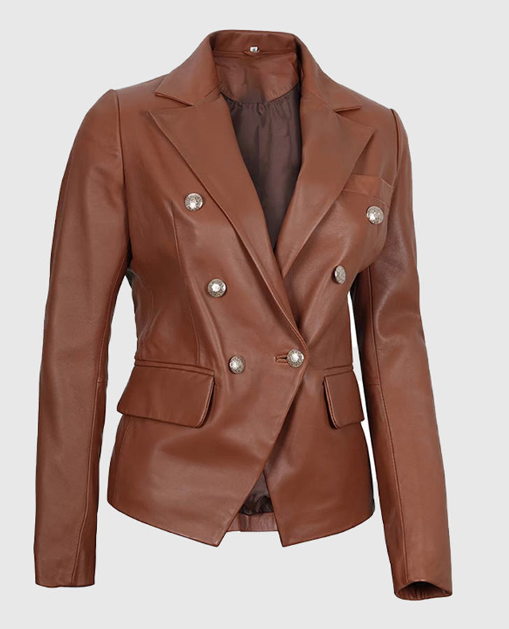 Kinley Women's Double Breasted Brown Leather Blazer Jacket