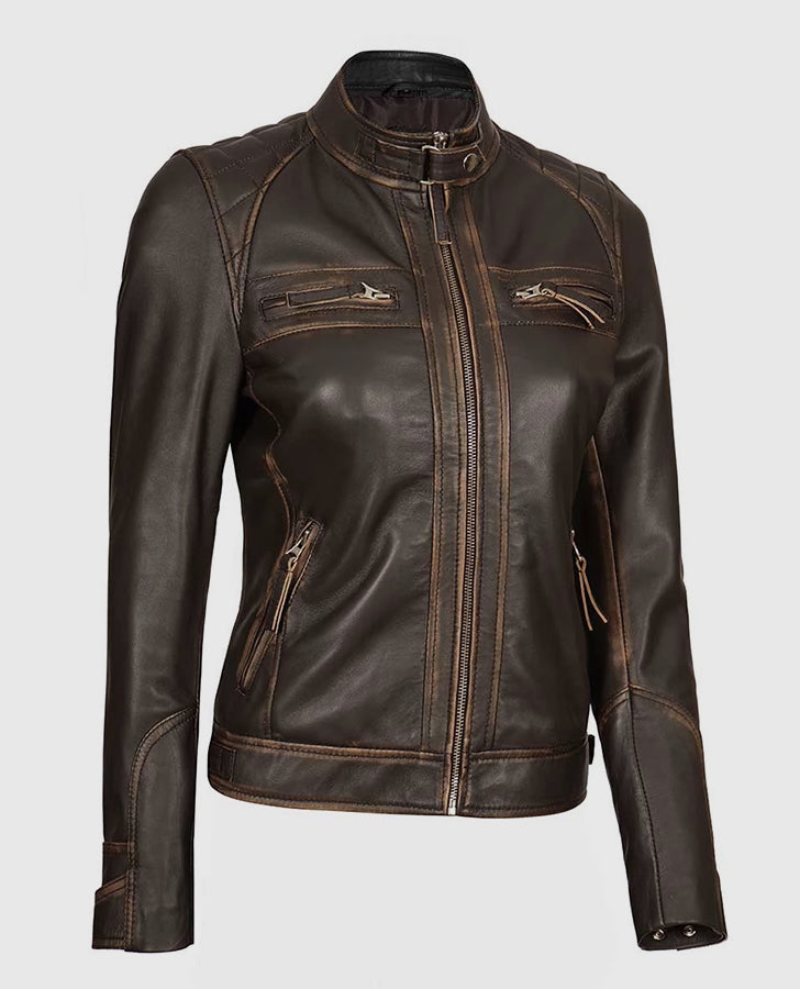 Women's Rub Off Dark Brown Quilted Leather Cafe Racer Jacket