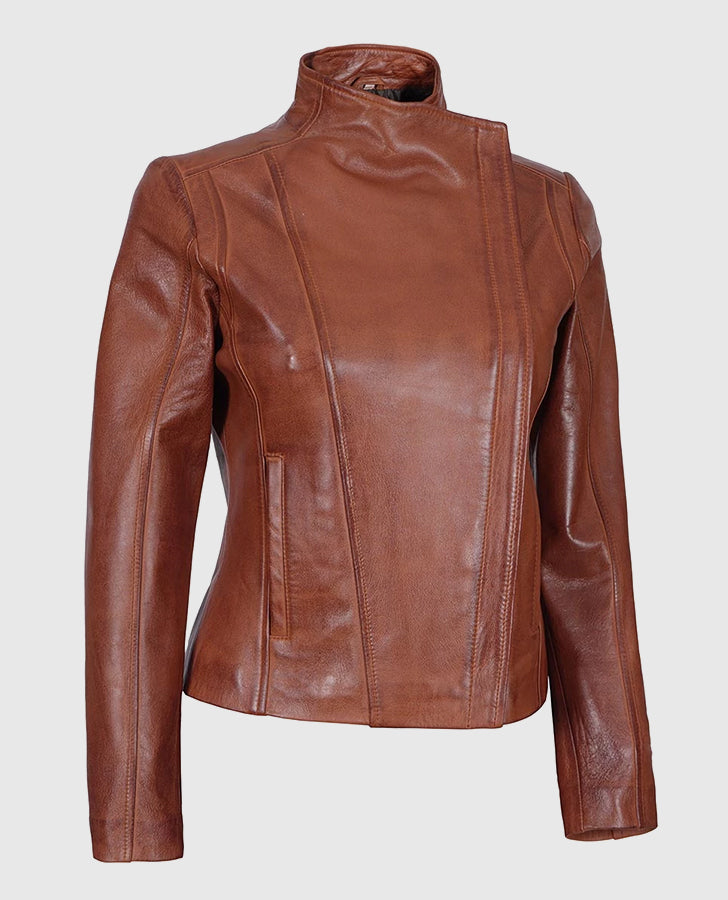 Women's Arezzo Cognac Cafe Racer Leather Jacket