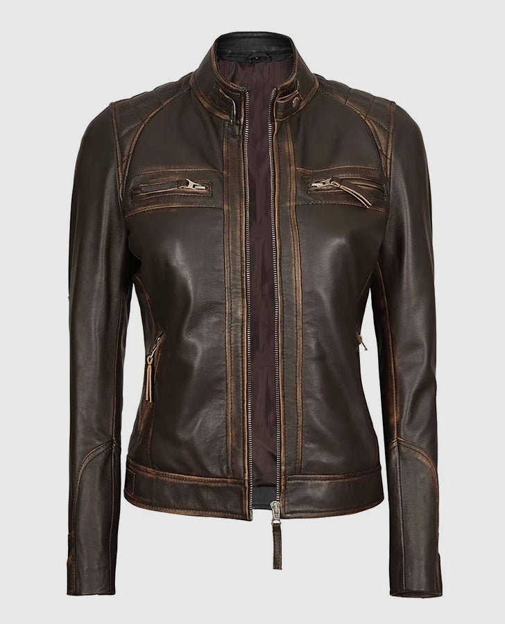 Women's Rub Off Dark Brown Quilted Leather Cafe Racer Jacket