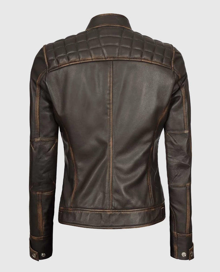 Women's Rub Off Dark Brown Quilted Leather Cafe Racer Jacket