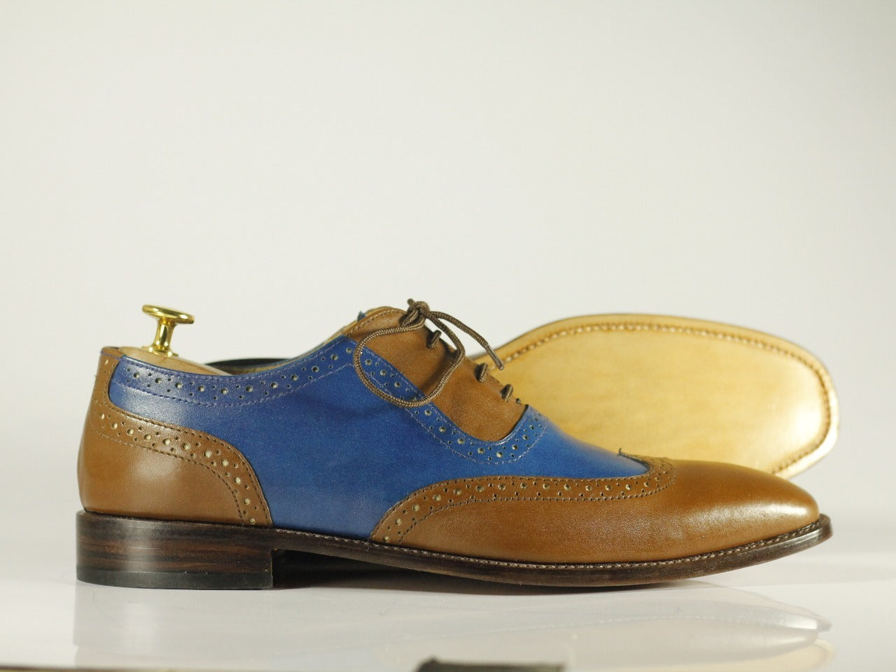 Handmade Men Brown Blue Wing Tip Leather Formal Shoes