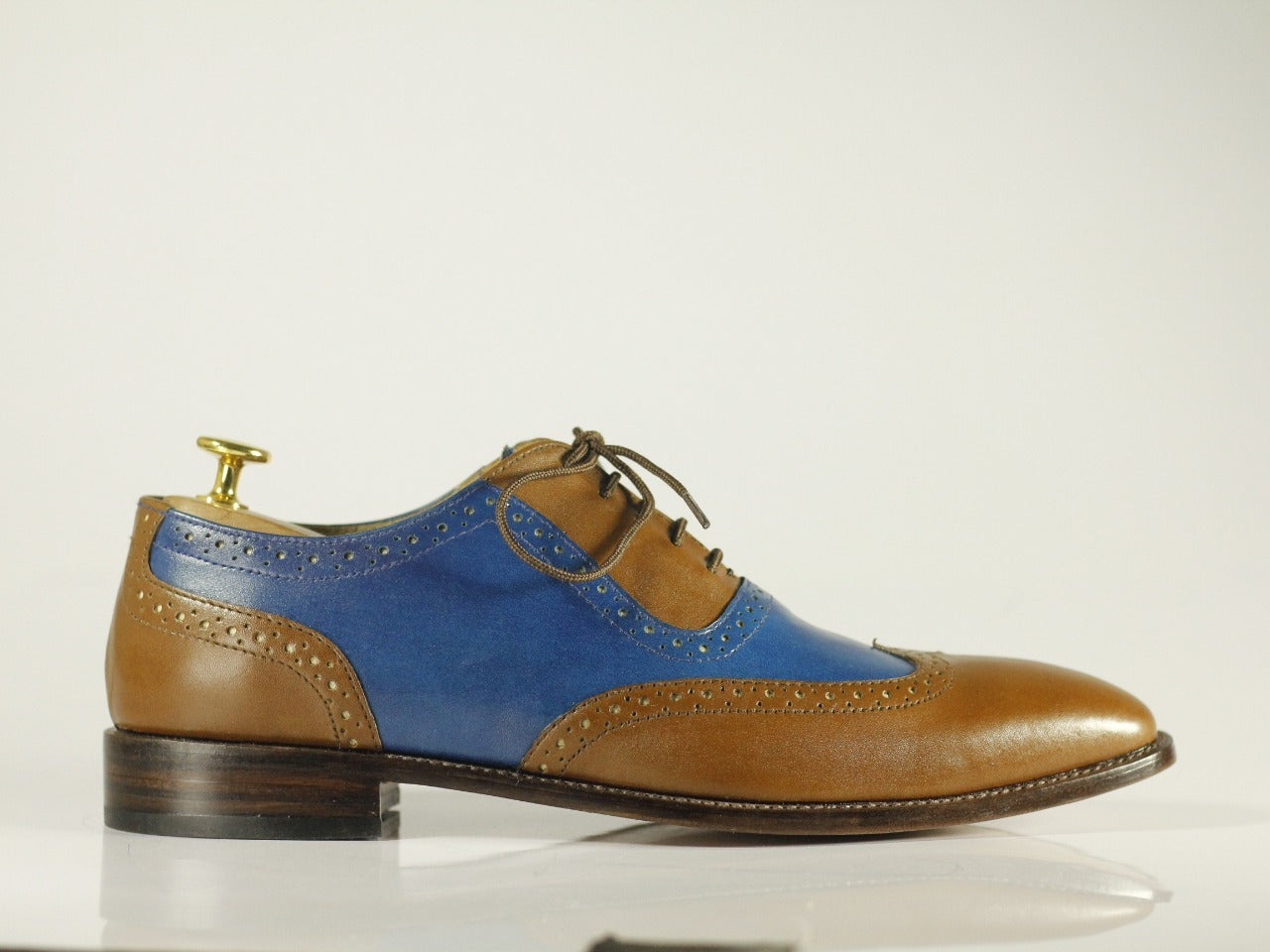 Handmade Men Brown Blue Wing Tip Leather Formal Shoes