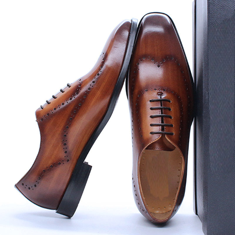 Wooden Brown Patina Lace Up Handmade Oxford Real Leather Wingtip Formal Shoes