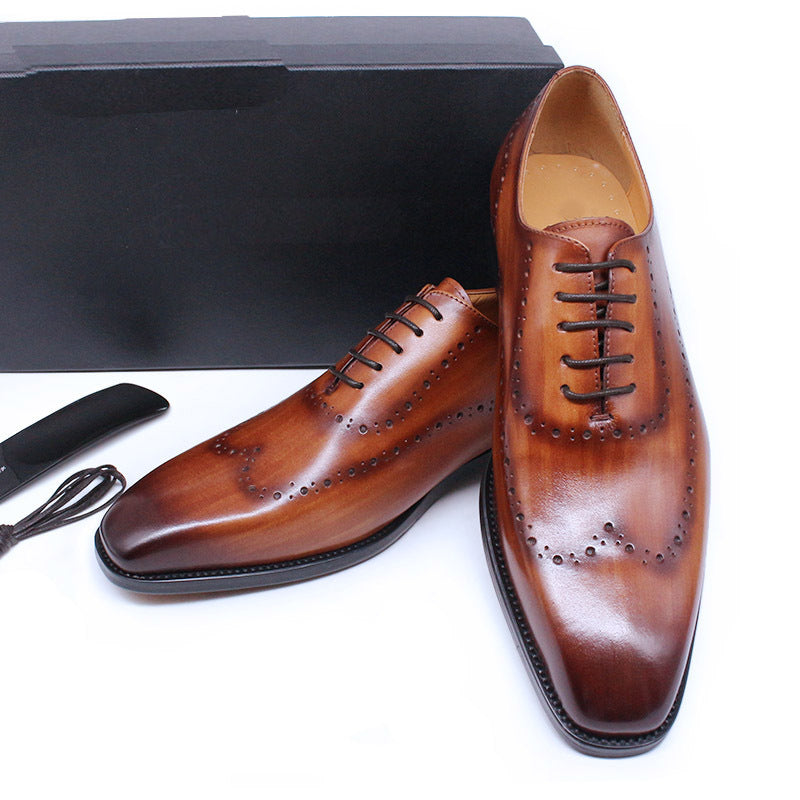 Wooden Brown Patina Lace Up Handmade Oxford Real Leather Wingtip Formal Shoes