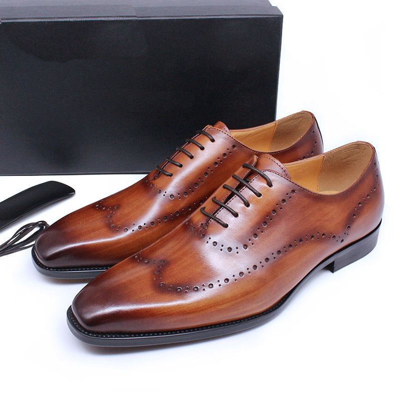 Wooden Brown Patina Lace Up Handmade Oxford Real Leather Wingtip Formal Shoes