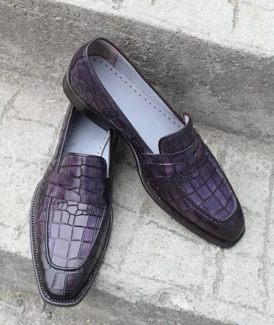 Purple Crocodile Textured Leather Formal Slip Ons Office Dress Shoes