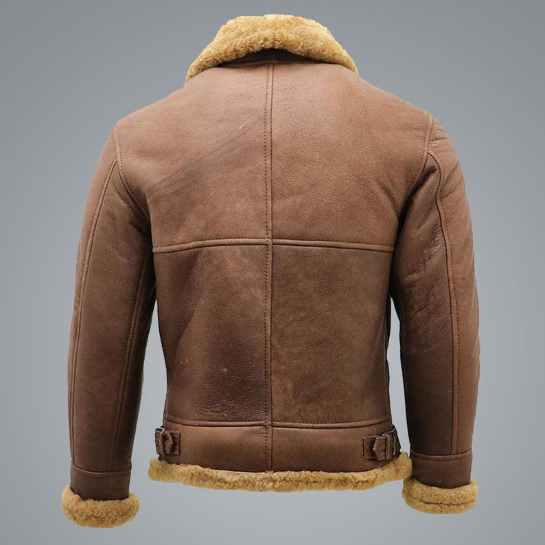 Mens Brown B3 Shearling Sheepskin WW2 Bomber Leather Flying Aviator Jacket