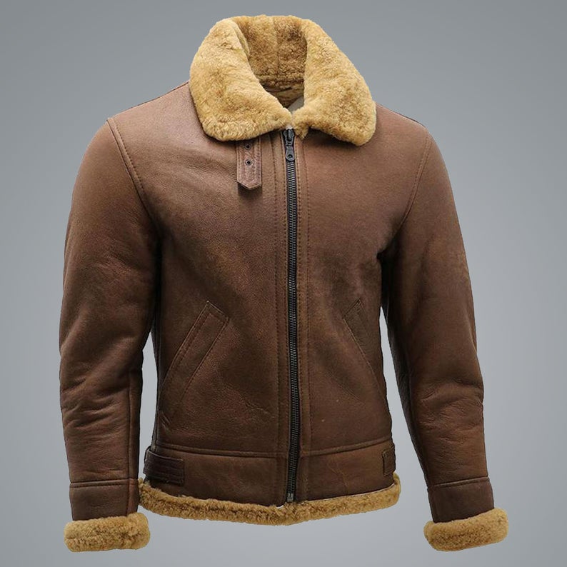 Mens Brown B3 Shearling Sheepskin WW2 Bomber Leather Flying Aviator Jacket