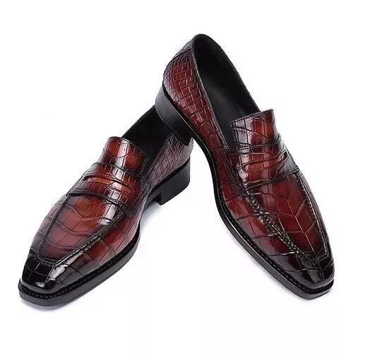 Burgundy Crocodile Textured Leather Formal Slip Ons Office Dress Shoes