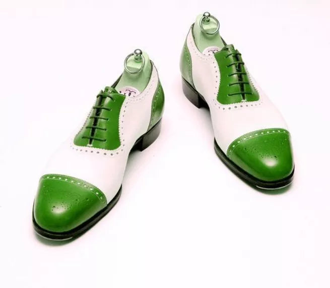 Handmade Men Green & White Brogue Leather Formal Lace Up Party Wear Shoes