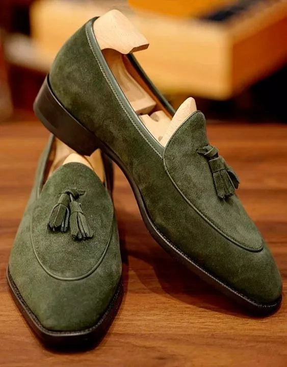 Olive Green Suede Formal Handmade Tassels Moccasins Dress Shoes For Mens