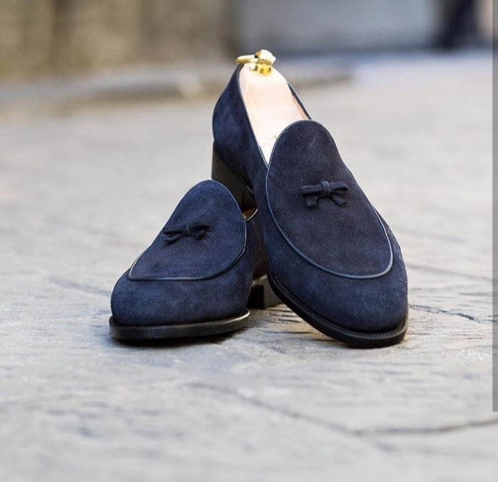 Superior Blue Suede Leather Apron Toe Black Sole Tassel Loafer Slip On Men Shoes