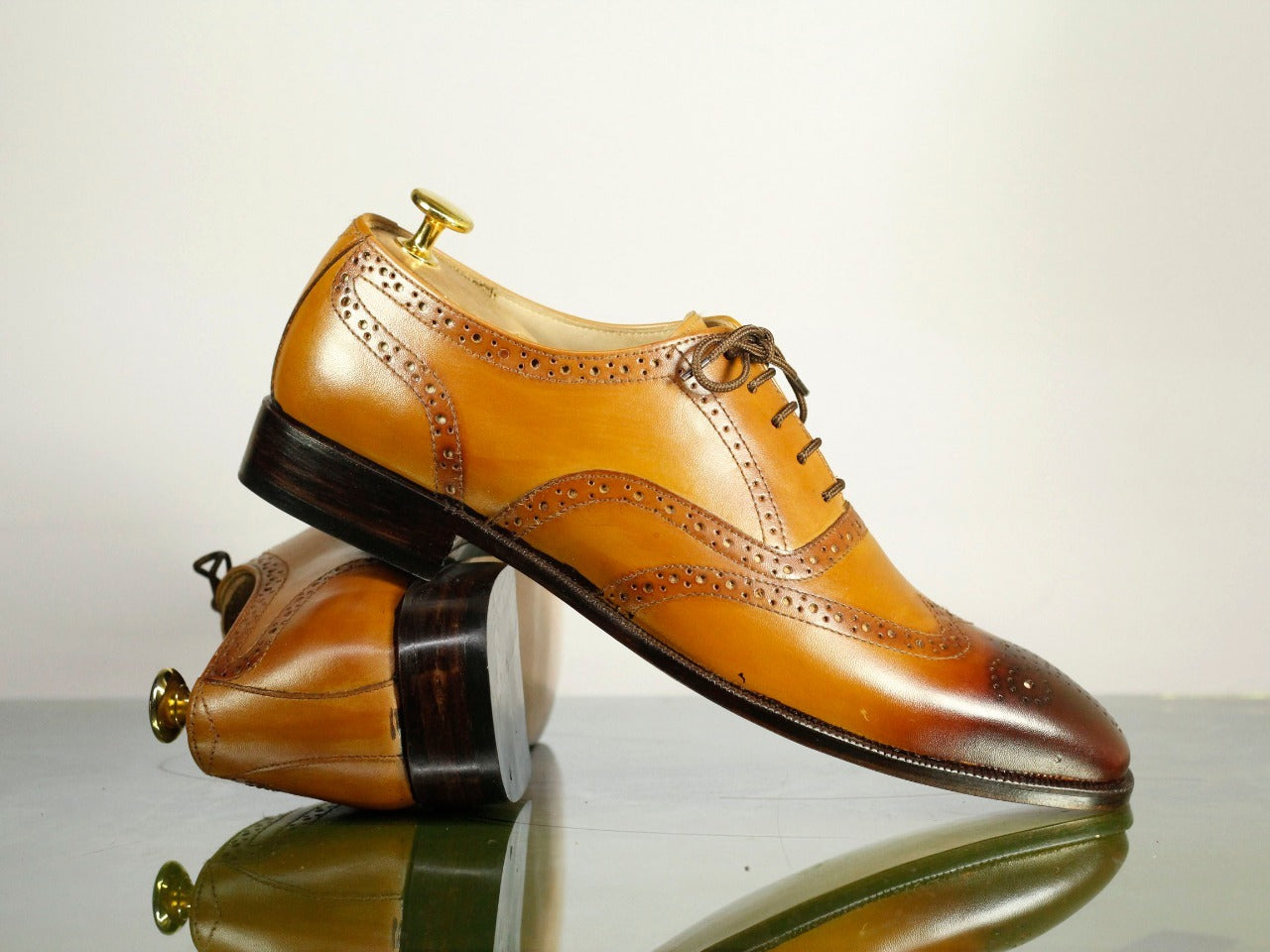 Handmade Men's Tan Wing Tip Brogue Leather Formal Shoes