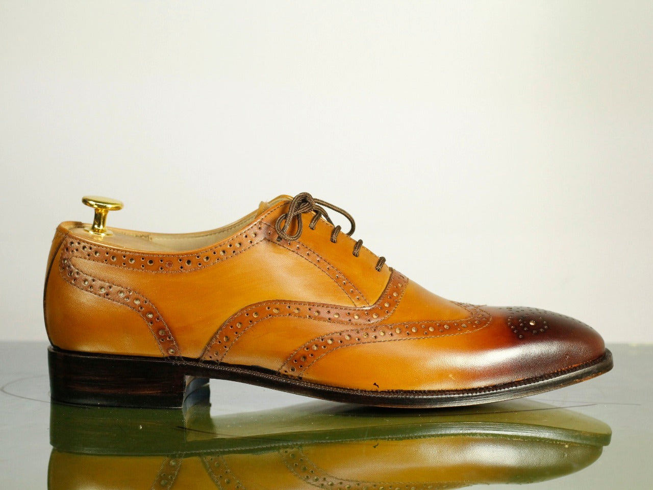 Handmade Men's Tan Wing Tip Brogue Leather Formal Shoes