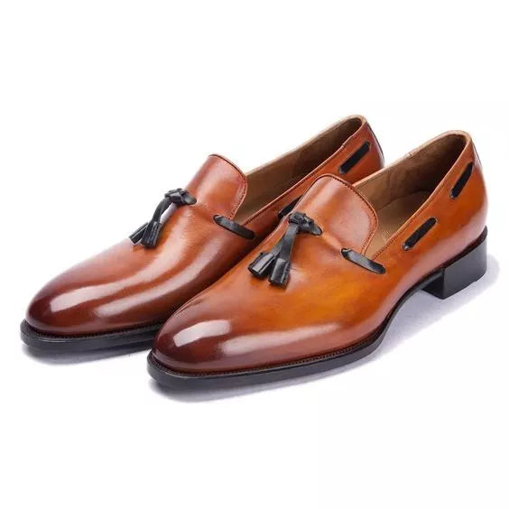 Handmade Shaded Tan Leather Formal Slip Ons Tassels Office Shoes For Mens