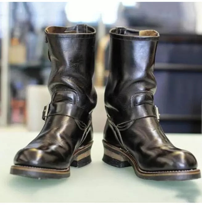 Black Handmade Work Wear Formal Leather High Ankle Buckles Boots