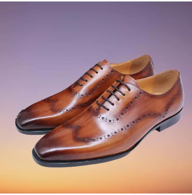 Handmade Tan Leather Wing Tip Brogue Formal Lace Up Dress Shoes For Mens