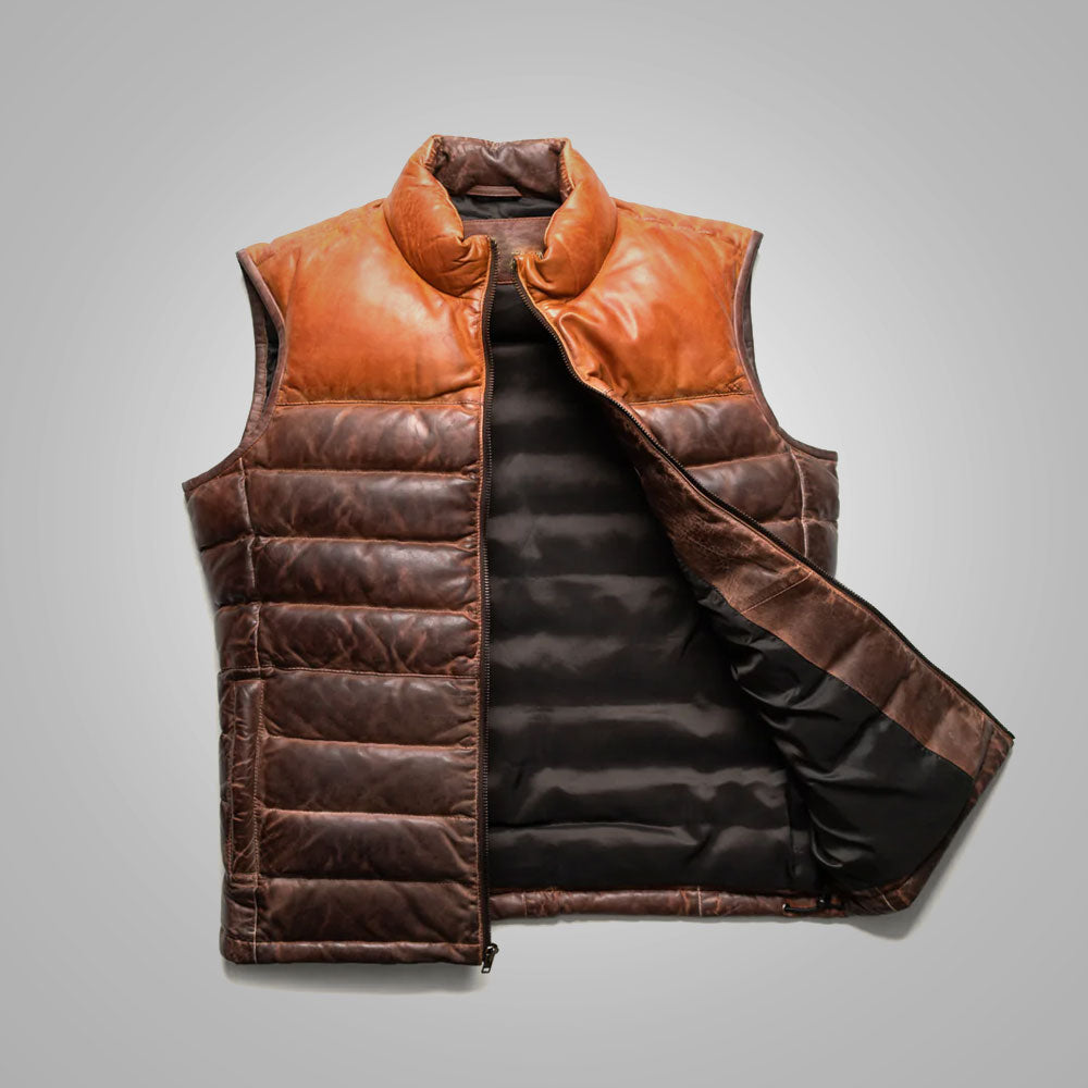 Mens Brown Genuine Bubble Leather Down Vest