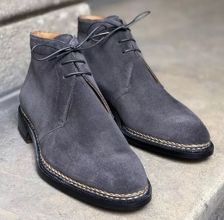 Handmade Men Gray Suede Formal Low Ankle Chukka Lace Up Dress Boots