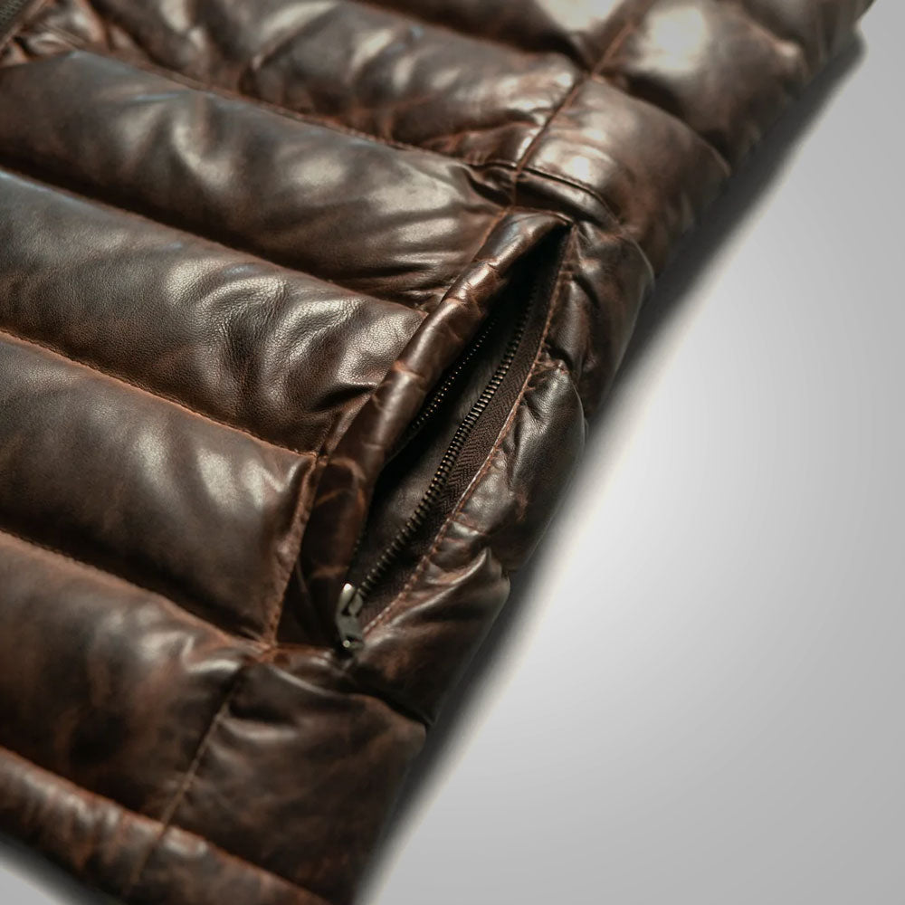 Mens Brown Genuine Bubble Leather Down Vest