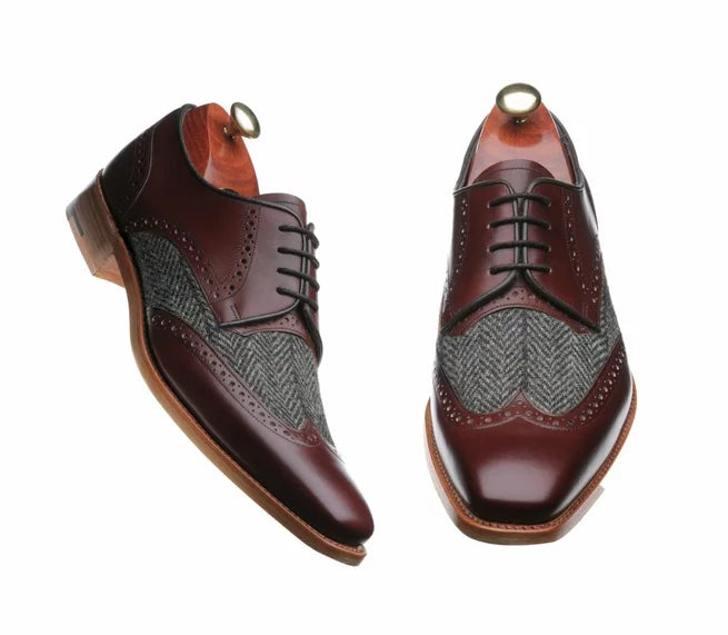 Handmade Maroon Leather Wing Tip Brogue Formal Lace Up Dress Shoes For Mens