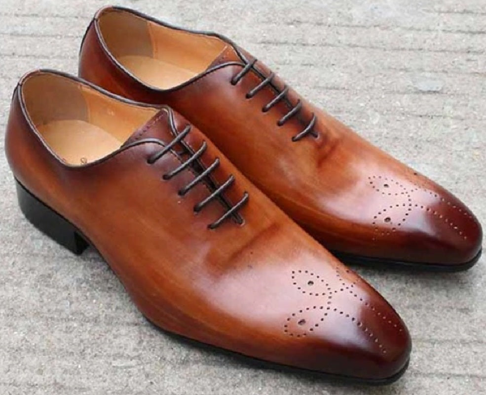 Brown Patina Brogue Toe Handmade Oxford Lace Up Leather Wholecut Formal Shoes