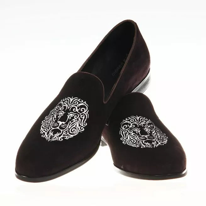 Handmade Brown Embroidered Suede Formal Loafer Business Shoes For Mens