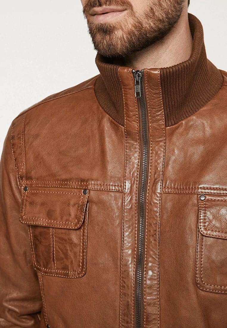 Stylish Tan Brown Leather Bomber Jacket for Men