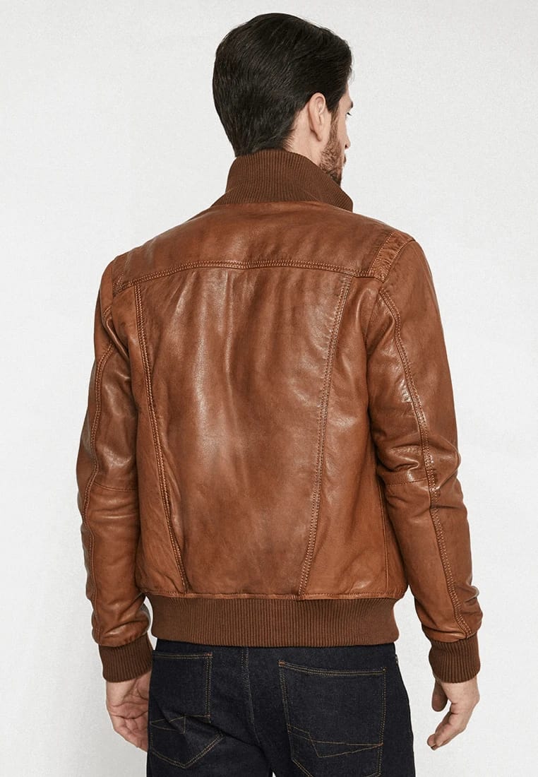 Stylish Tan Brown Leather Bomber Jacket for Men