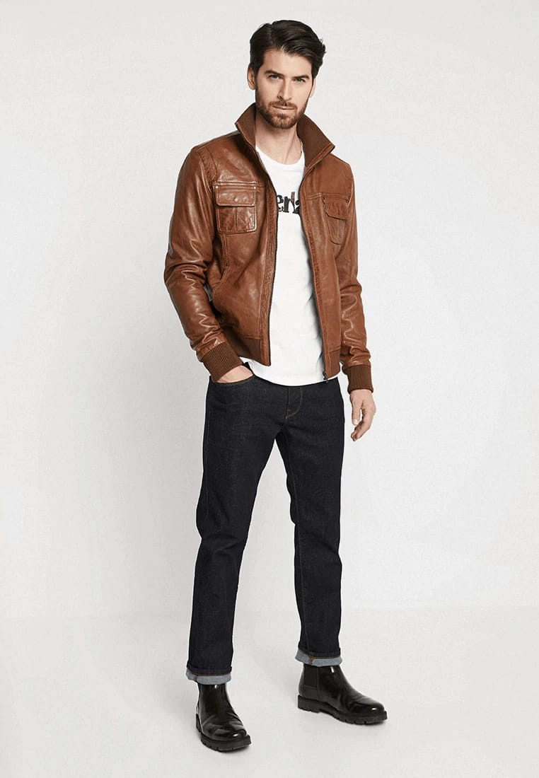 Stylish Tan Brown Leather Bomber Jacket for Men