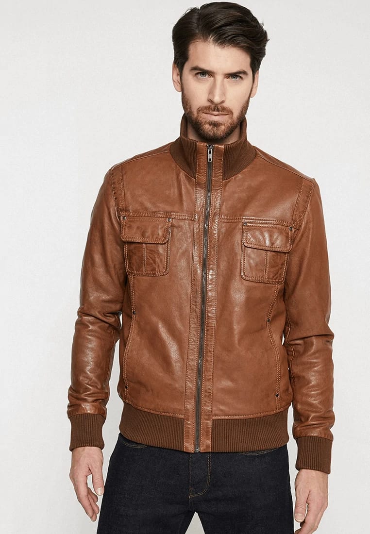 Stylish Tan Brown Leather Bomber Jacket for Men