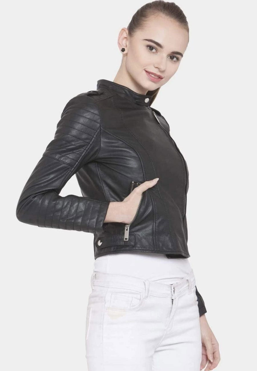 Women's Black Leather Slim Fit Biker Jacket