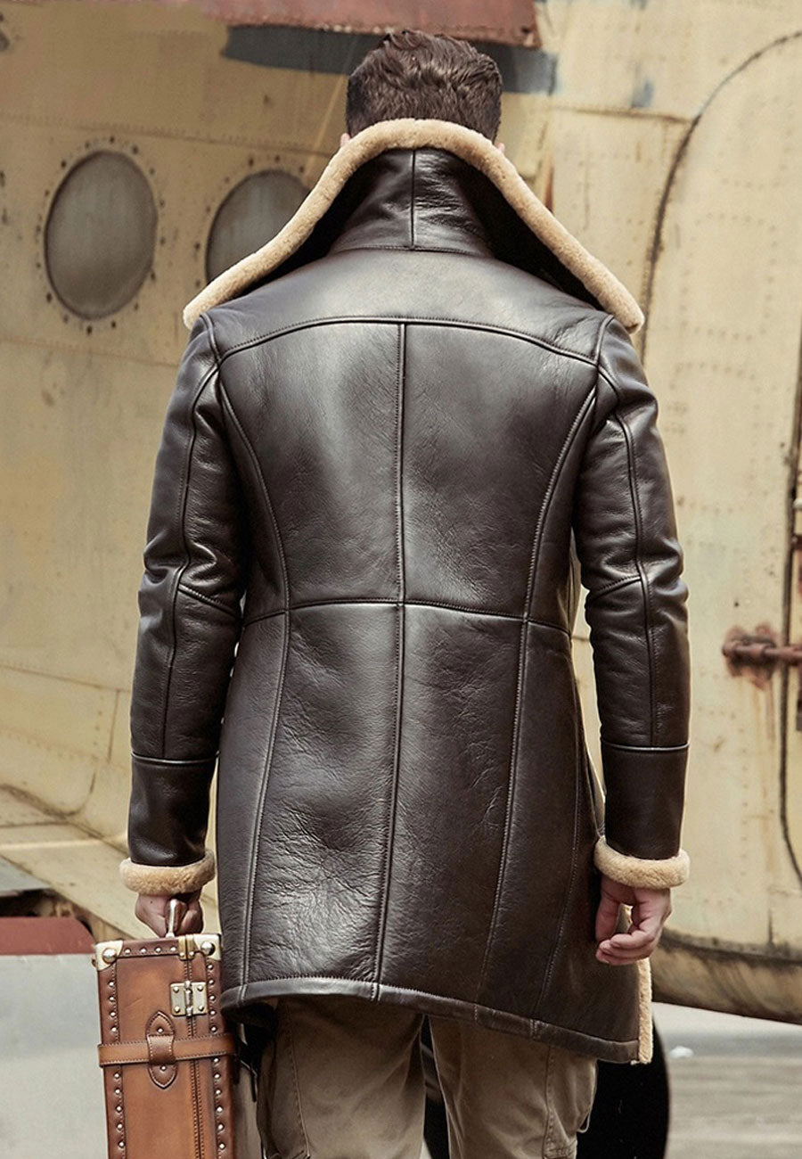 Men’s Dark Brown Leather Shearling Long Coat