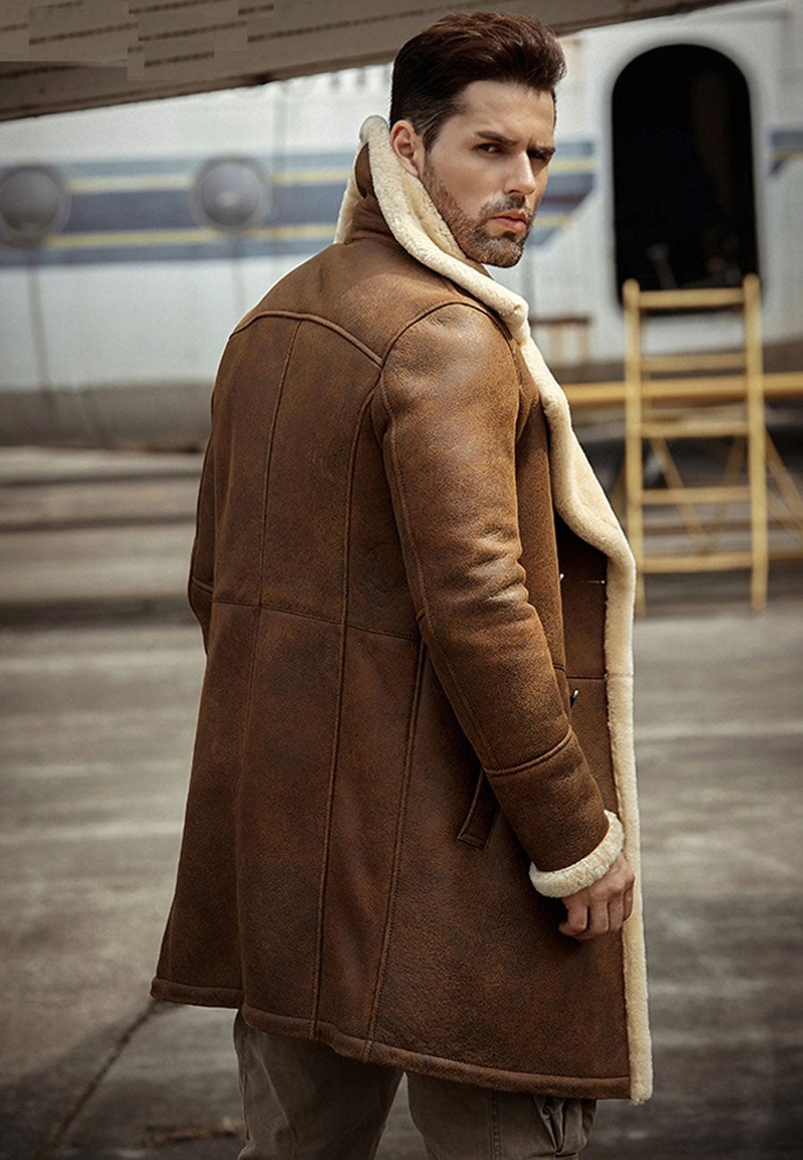 Men’s Camel Brown Leather Shearling Long Coat