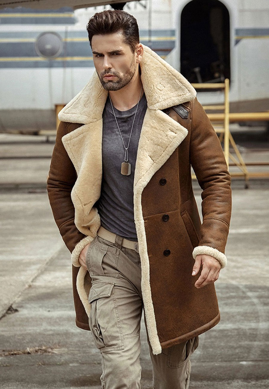 Men’s Camel Brown Leather Shearling Long Coat