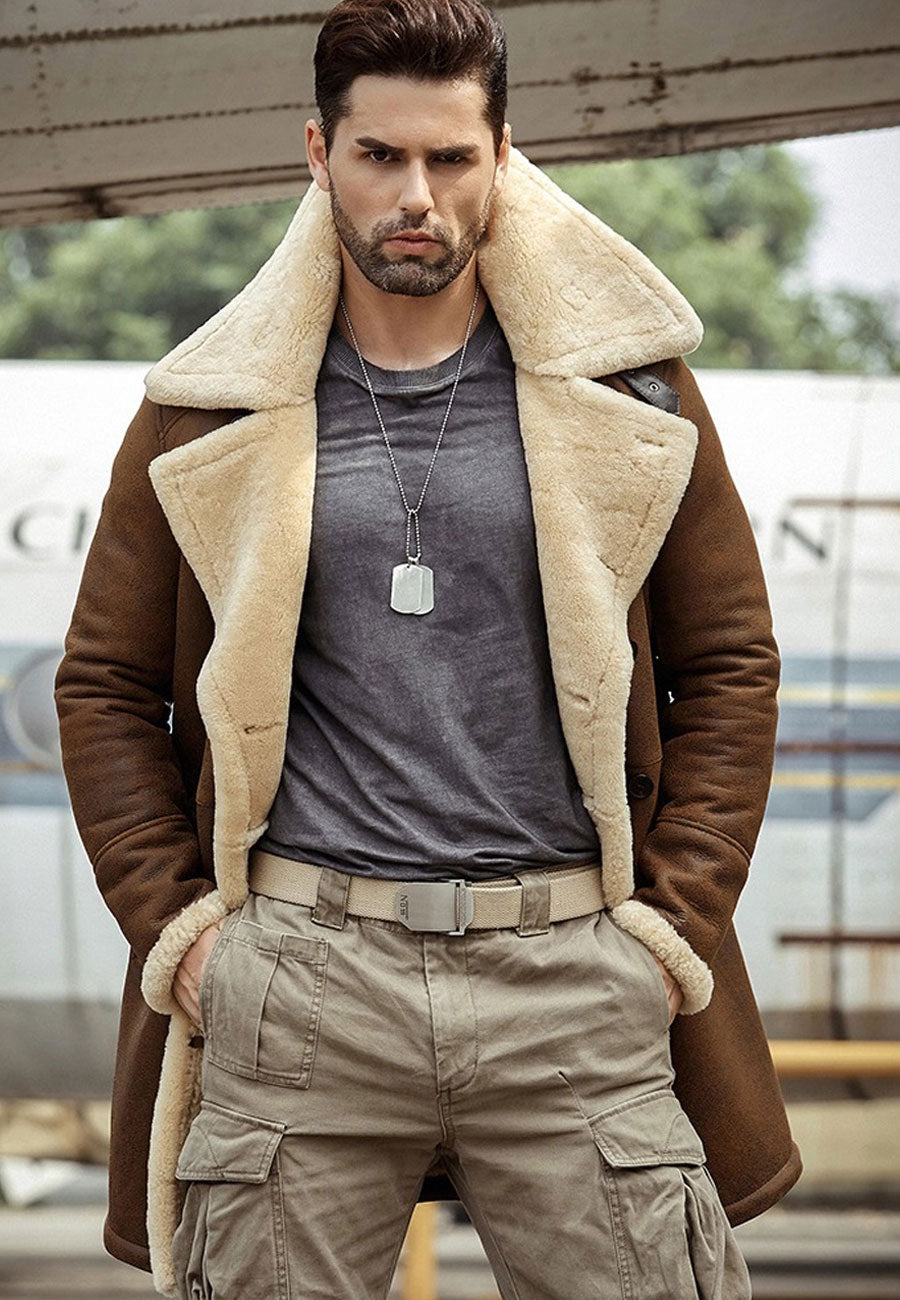 Men’s Camel Brown Leather Shearling Long Coat