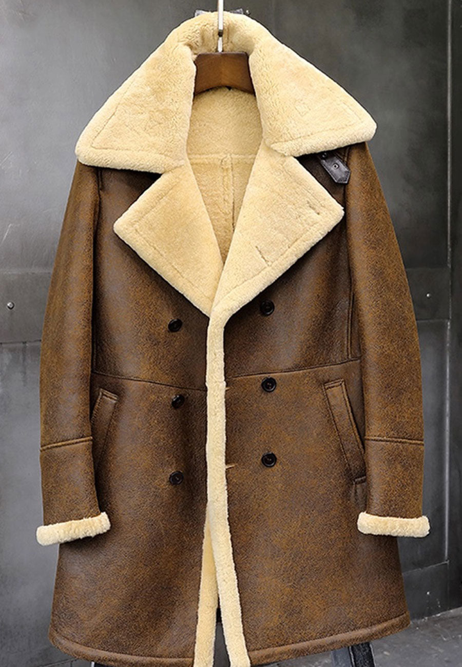 Men’s Camel Brown Leather Shearling Long Coat