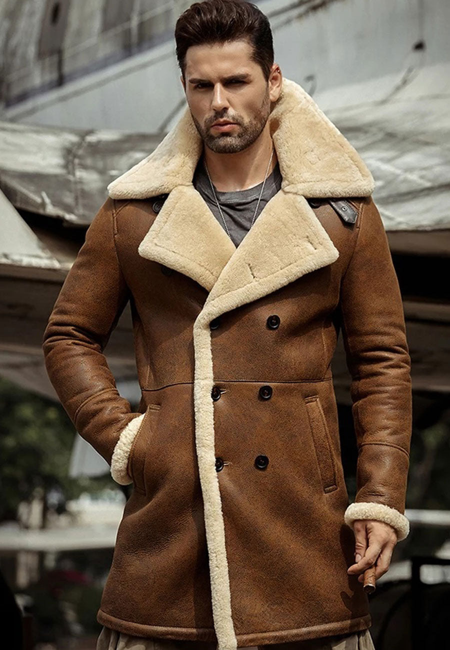 Men’s Camel Brown Leather Shearling Long Coat