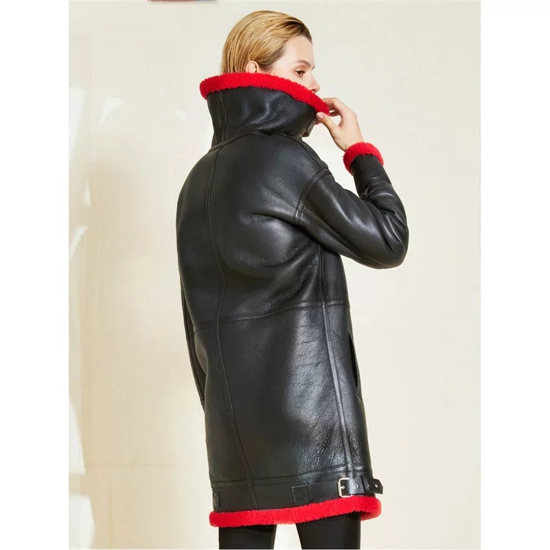 Women’s Black Leather Red Shearling Long Coat