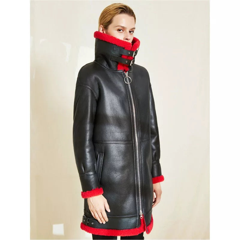 Women’s Black Leather Red Shearling Long Coat