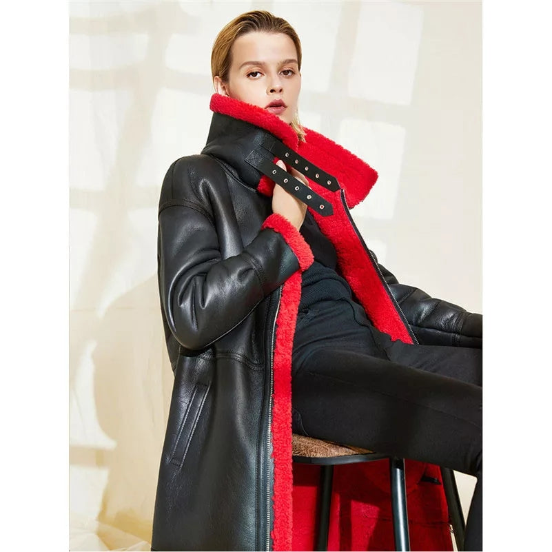 Women’s Black Leather Red Shearling Long Coat