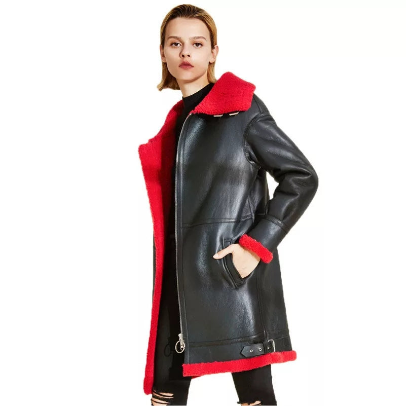 Women’s Black Leather Red Shearling Long Coat