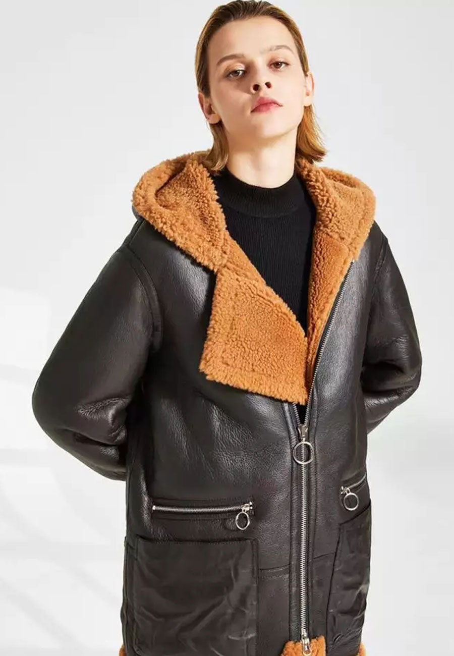 Women’s Black Leather Orange Shearling Hooded Long Coat