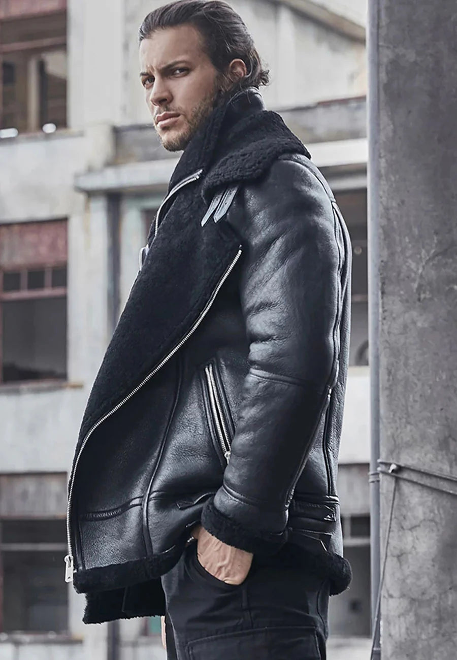 Men’s Black Leather Shearling Double Collar Jacket