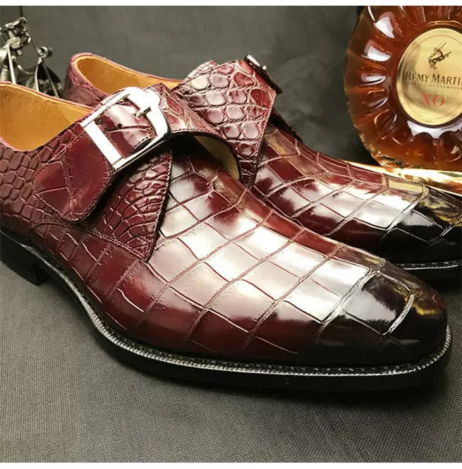 Men Shaded Maroon Crocodile Textured Leather Formal Monk Strap Dress Shoes