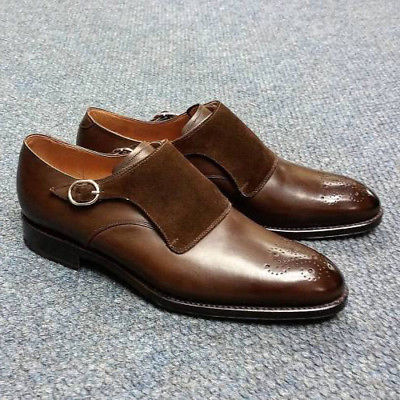 Handmade Brown Suede Monk Shoes, Men Brown Monk Genuine Leather Shoes