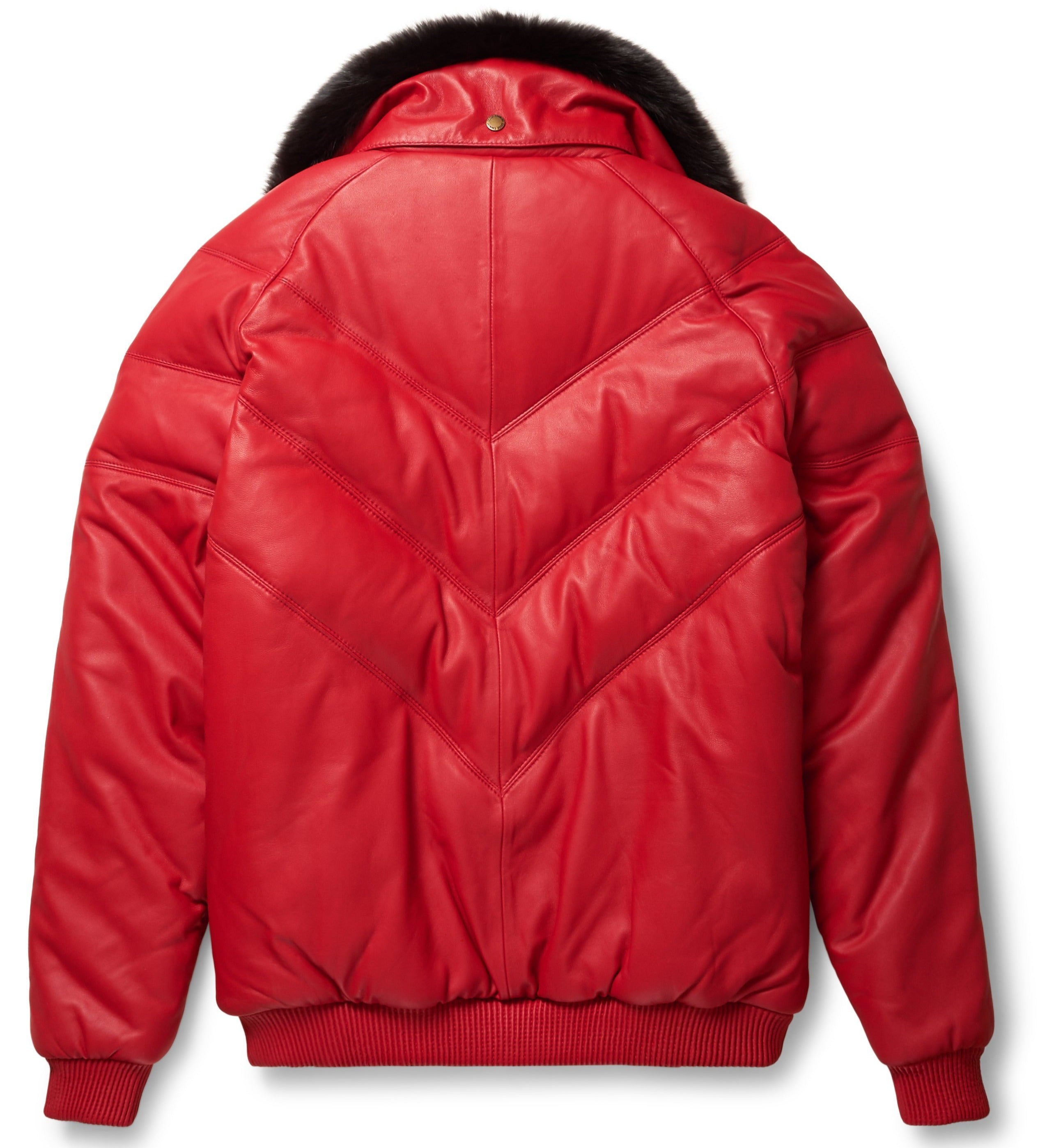 Chic Red Leather V-Bomber Jacket Featuring Luxurious Black Fur Collar